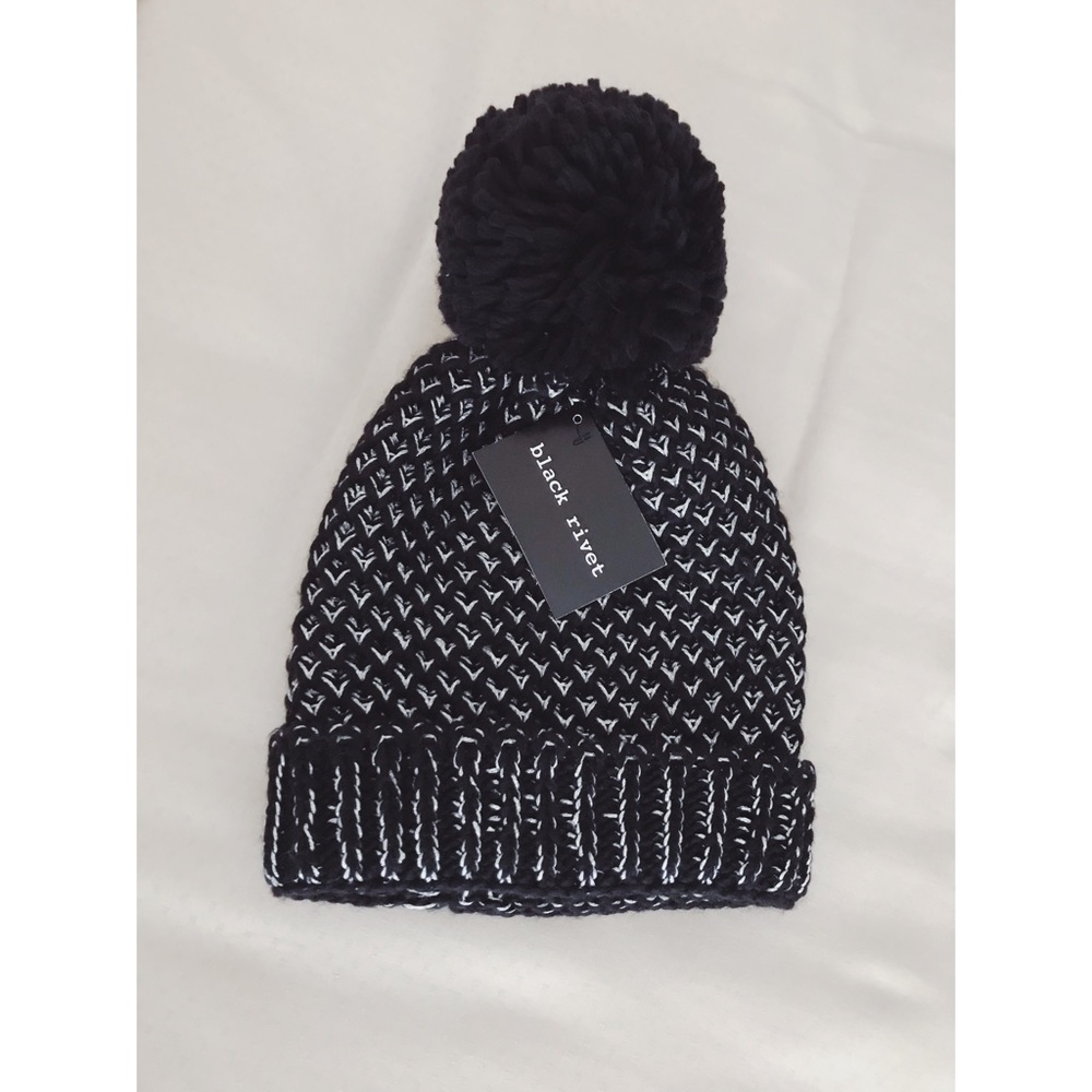 Black Rivet Pom Beanie
